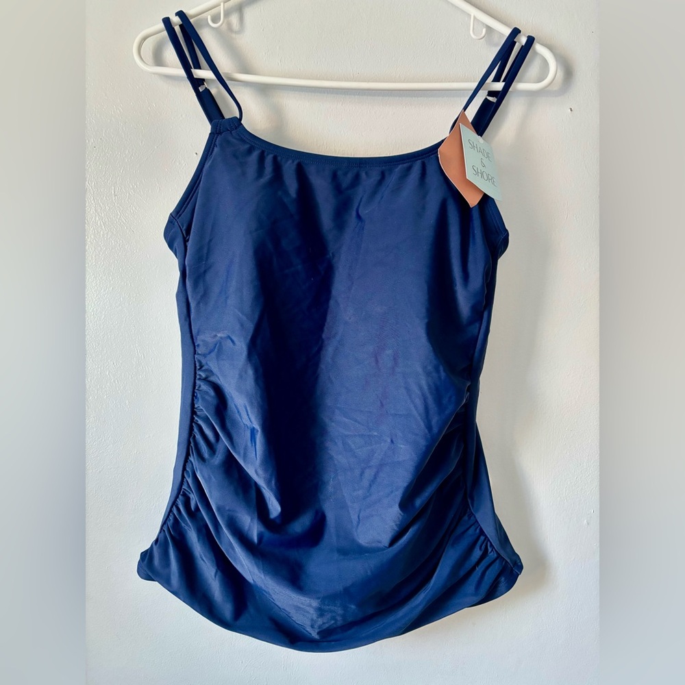 NWT Shade & Shore Medium Navy Blue Tankini Swim Top Side Ruching Gold Hardware